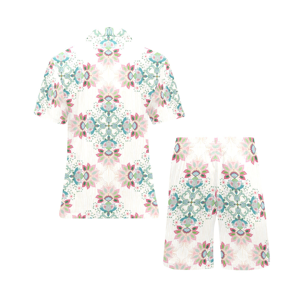 Square floral indian flower pattern Men's V-Neck Short Pajama Set