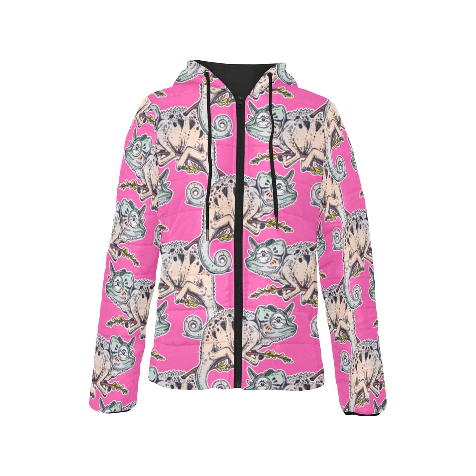 Chameleon lizard pattern pink background Women's Padded Hooded Jacket