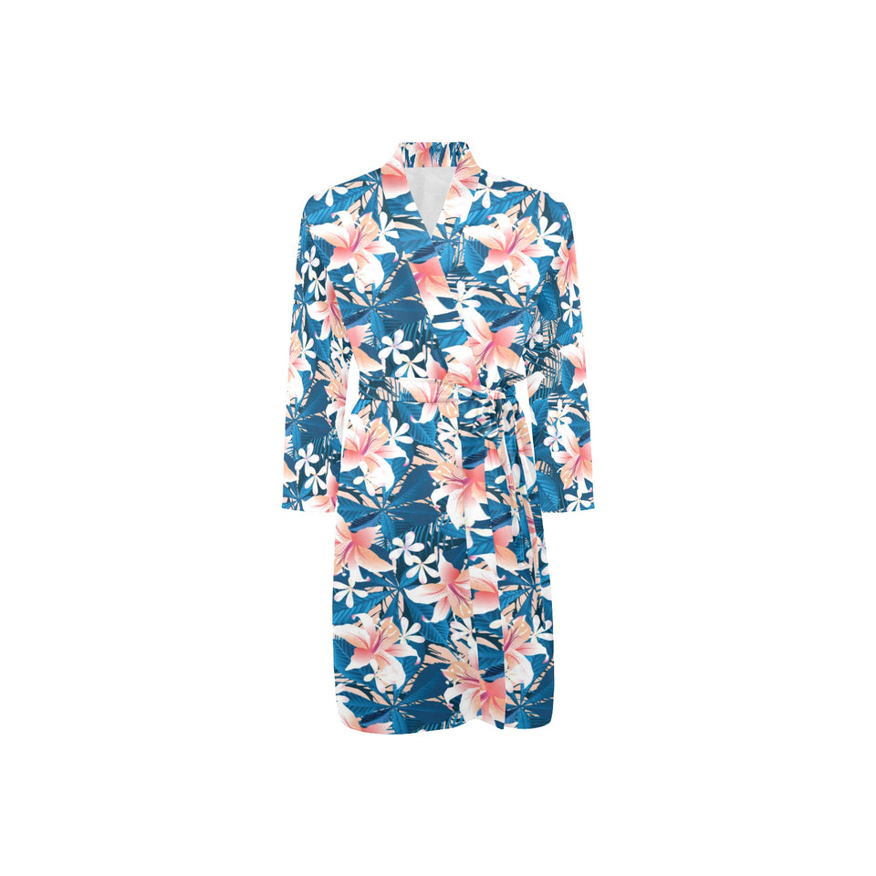 Hibiscus Pattern Print Design 02 Men's Long Sleeve Belted Night Robe