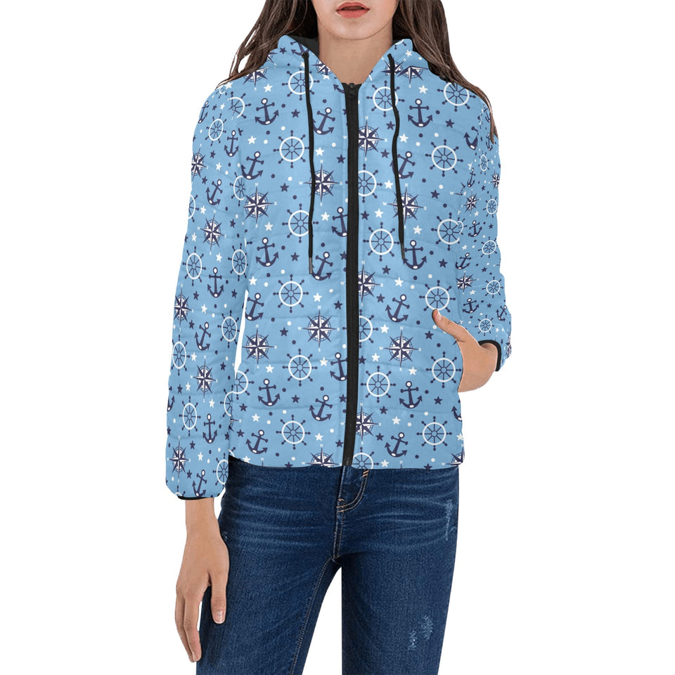 Anchors rudder compass star nautical pattern Women's Padded Hooded Jacket