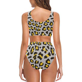 Gray Leopard print pattern Chest Bowknot High Waisted Bikini Swimsuit