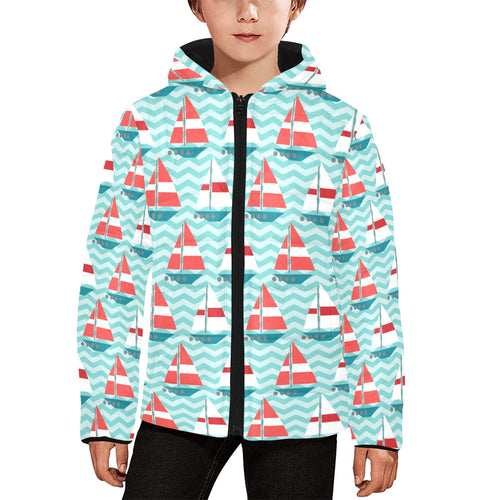 Red White sailboat wave background Kids' Boys' Girls' Padded Hooded Jacket