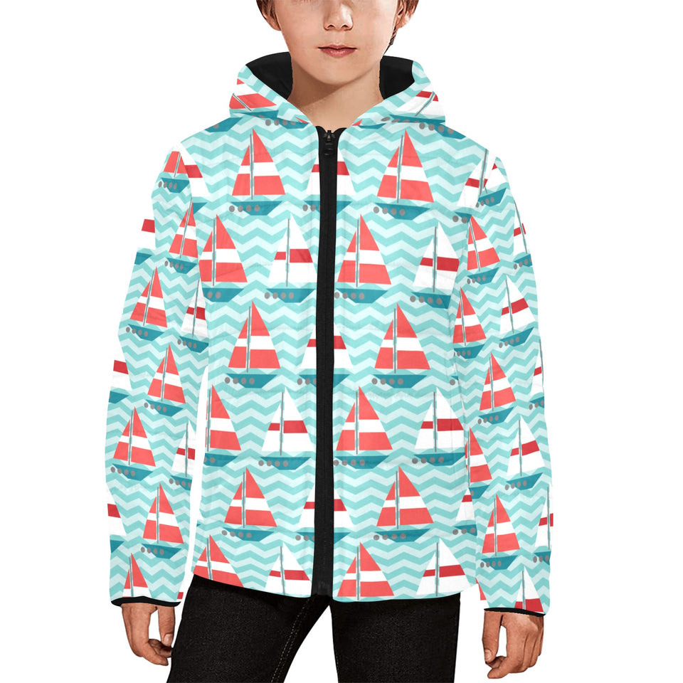 Red White sailboat wave background Kids' Boys' Girls' Padded Hooded Jacket