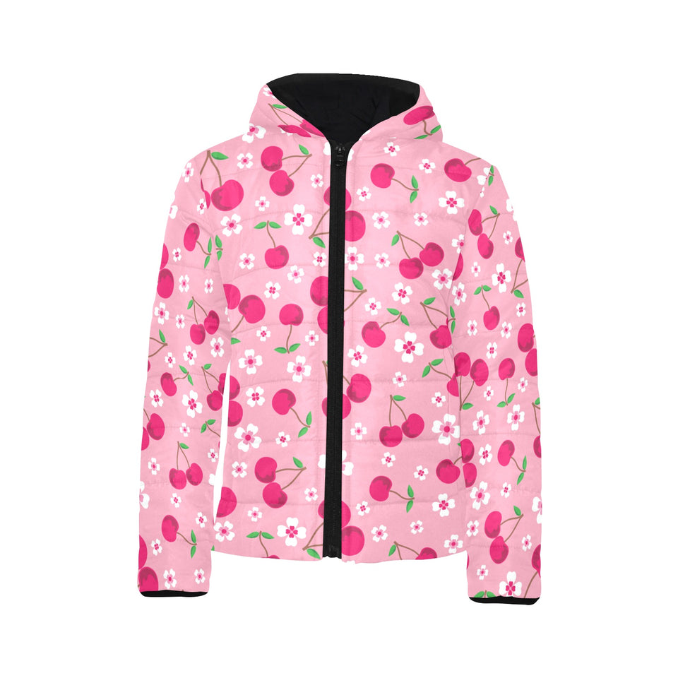 cherry flower pattern pink background Kids' Boys' Girls' Padded Hooded Jacket