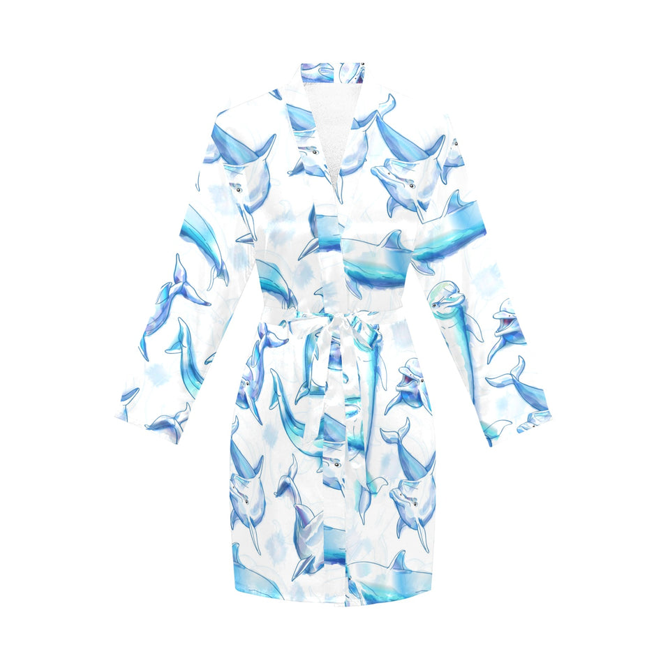 Watercolor dolphin pattern Women's Long Sleeve Belted Night Robe