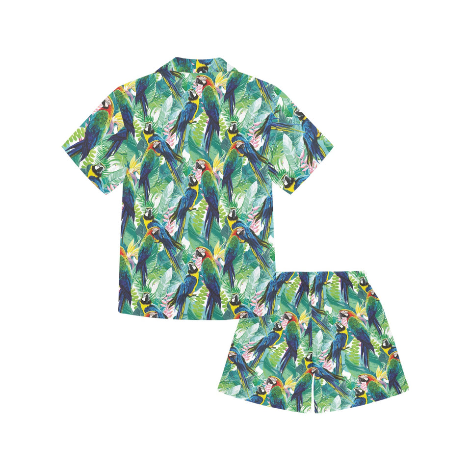 Colorful parrot exotic flower leaves Kids' Boys' Girls' V-Neck Short Pajama Set
