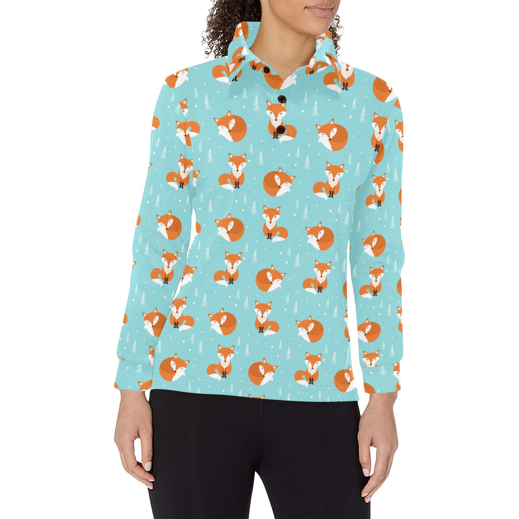 Fox pattern blue b ackground Women's Long Sleeve Polo Shirt