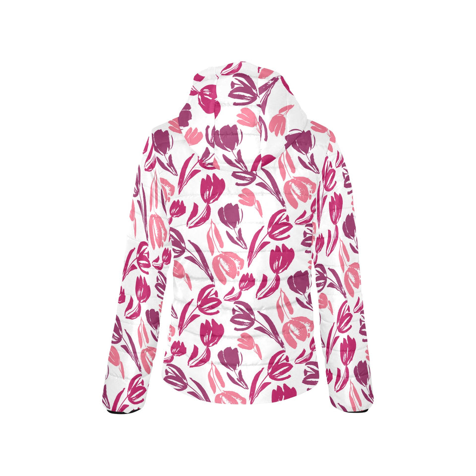 pink sketch tulip pattern Women's Padded Hooded Jacket