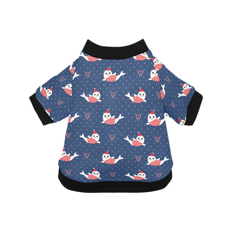 Cute sea lion seal christmas hat candy cane heart All Over Print Pet Dog Round Neck Fuzzy Shirt
