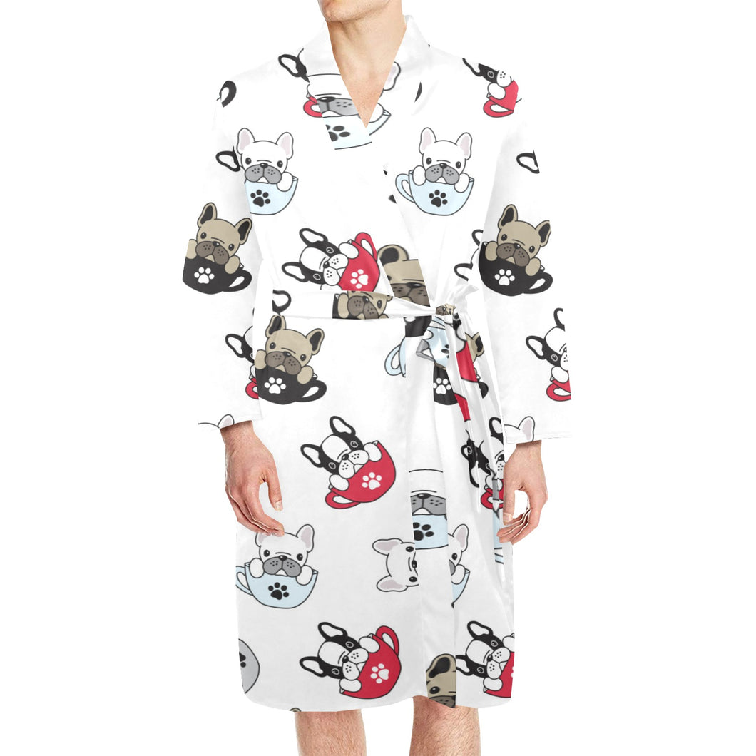 French bulldog cup paw pattern Men's Long Sleeve Belted Night Robe