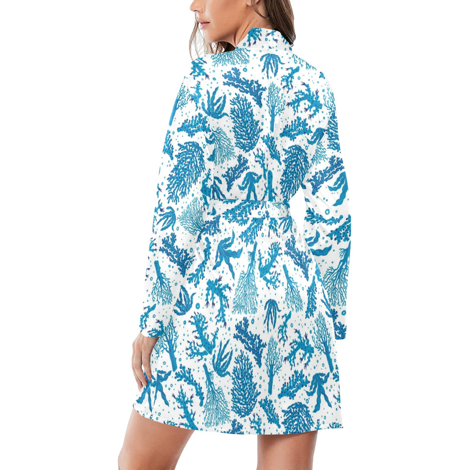 Coral Reef Pattern Print Design 01 Women's Long Sleeve Belted Night Robe