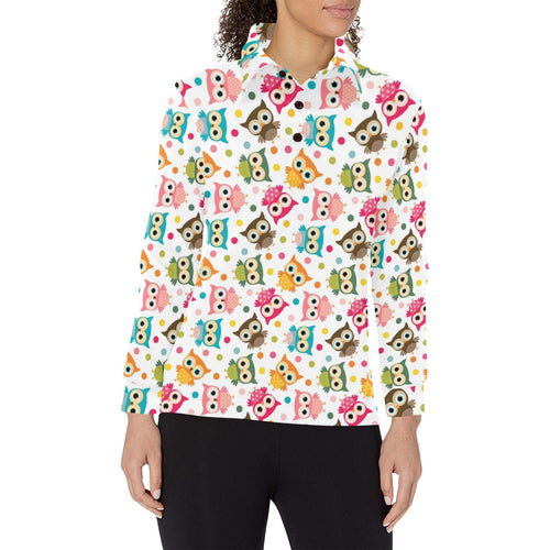 Color cute owl pattern Women's Long Sleeve Polo Shirt
