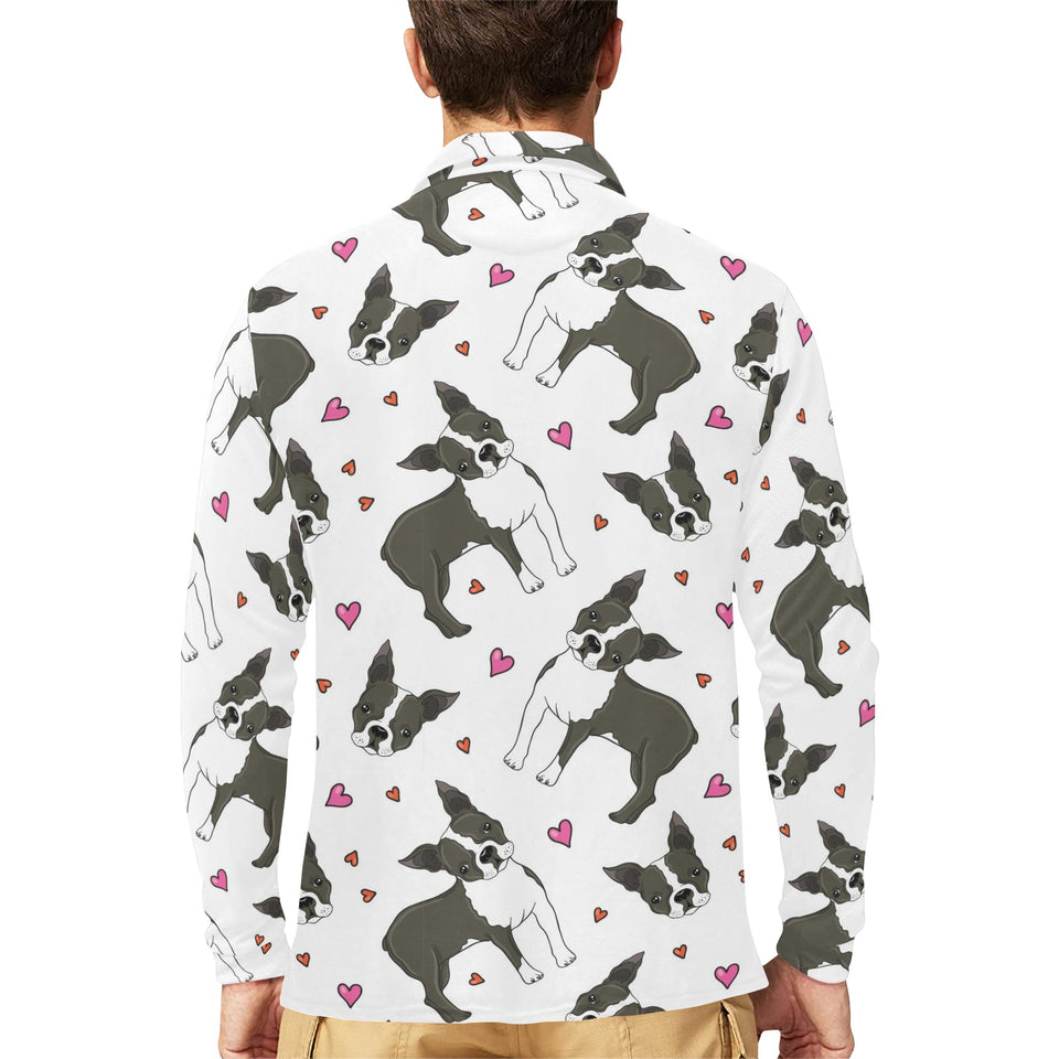 Boston terrier dog hearts vector pattern Men's Long Sleeve Polo Shirt