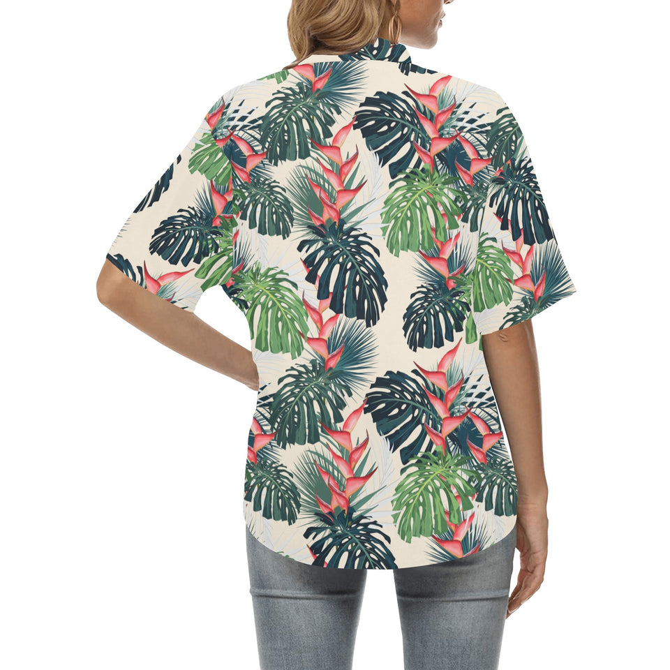 heliconia flowers, palm and monstera leaves Women's All Over Print Hawaiian Shirt