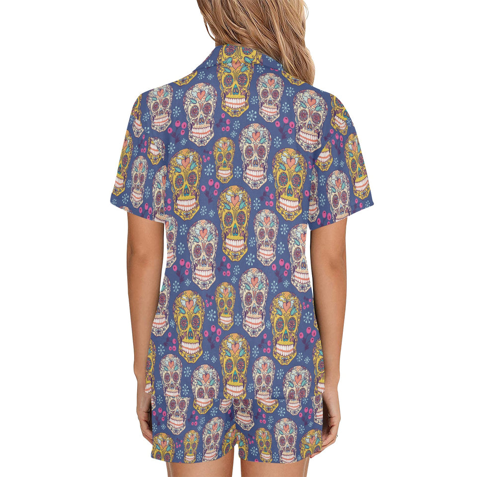 Sugar skull flower pattern Women's V-Neck Short Pajama Set
