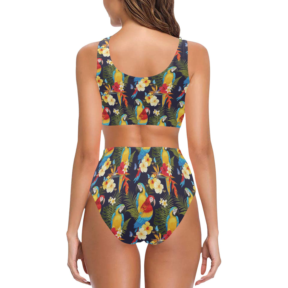 Colorful parrot flower pattern Chest Bowknot High Waisted Bikini Swimsuit