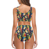 Colorful parrot flower pattern Chest Bowknot High Waisted Bikini Swimsuit