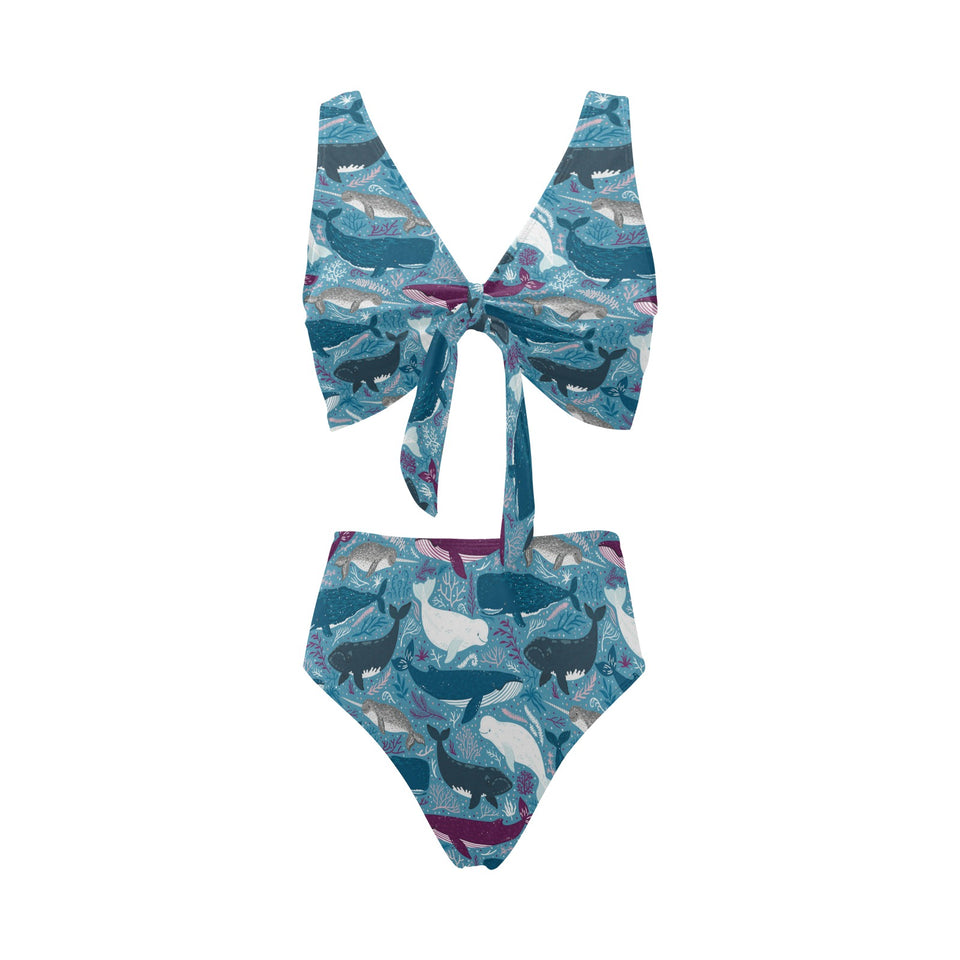 Whale design pattern Chest Bowknot High Waisted Bikini Swimsuit