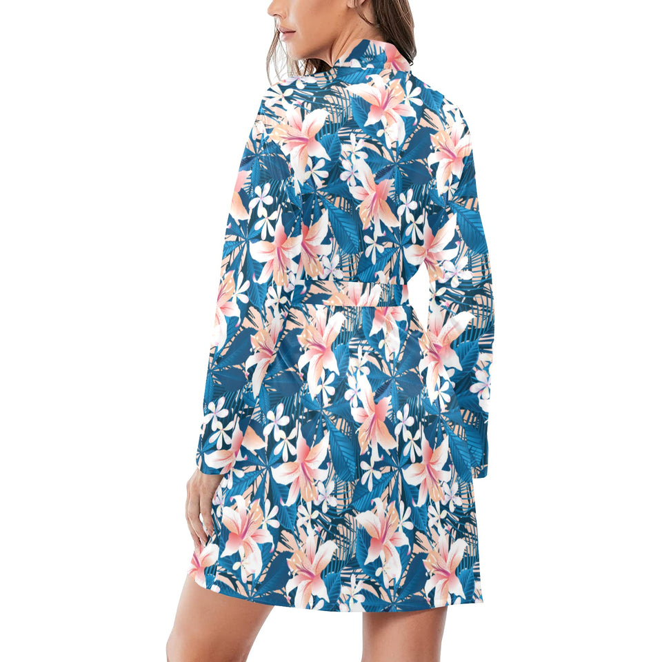 Hibiscus Pattern Print Design 02 Women's Long Sleeve Belted Night Robe