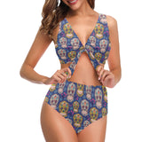 Sugar skull flower pattern Chest Bowknot High Waisted Bikini Swimsuit