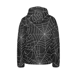 Spider web pattern Black background white cobweb Kids' Boys' Girls' Padded Hooded Jacket