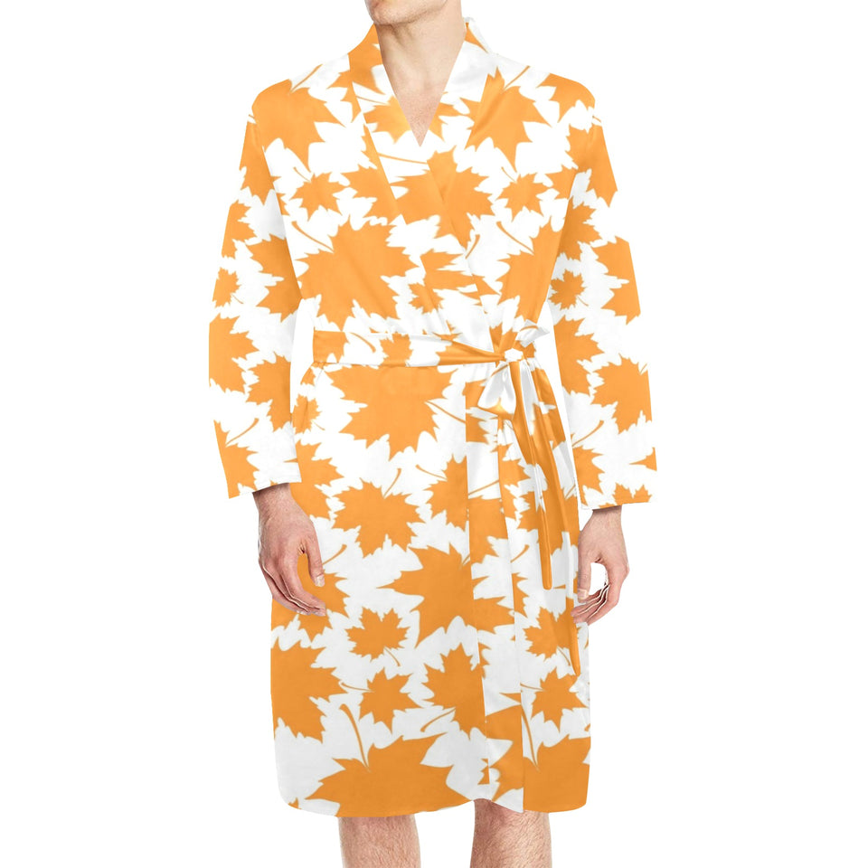 Orange Maple Leaf pattern Men's Long Sleeve Belted Night Robe