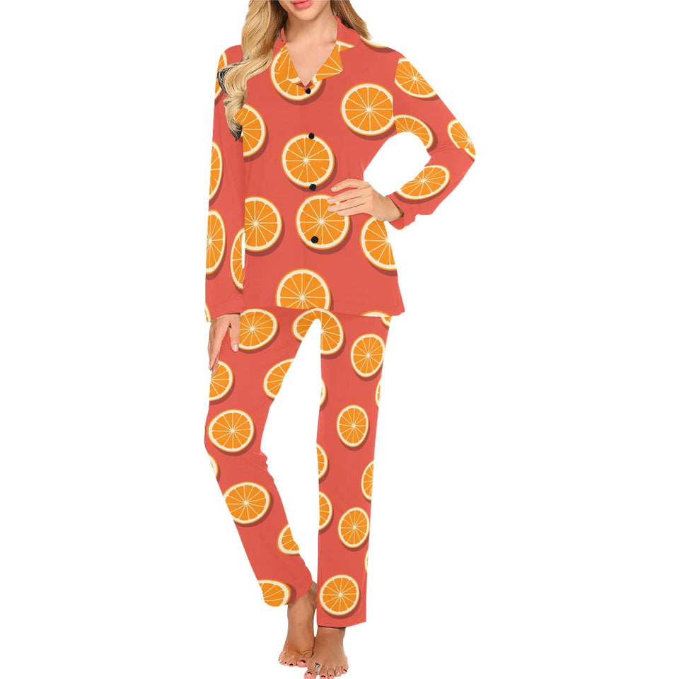 Oranges pattern red background Women's Long Pajama Set