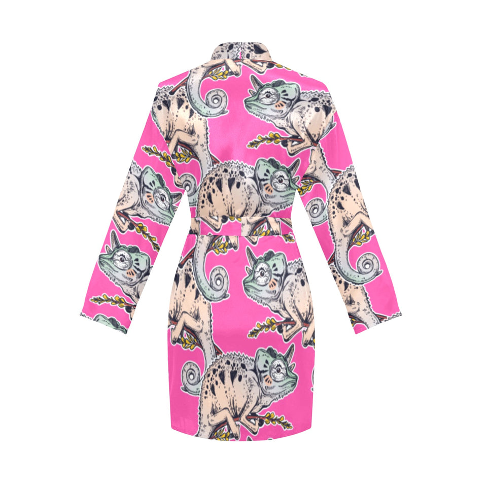 Chameleon lizard pattern pink background Women's Long Sleeve Belted Night Robe
