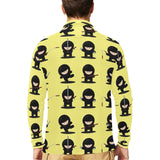 Cute ninja yellow background Men's Long Sleeve Polo Shirt