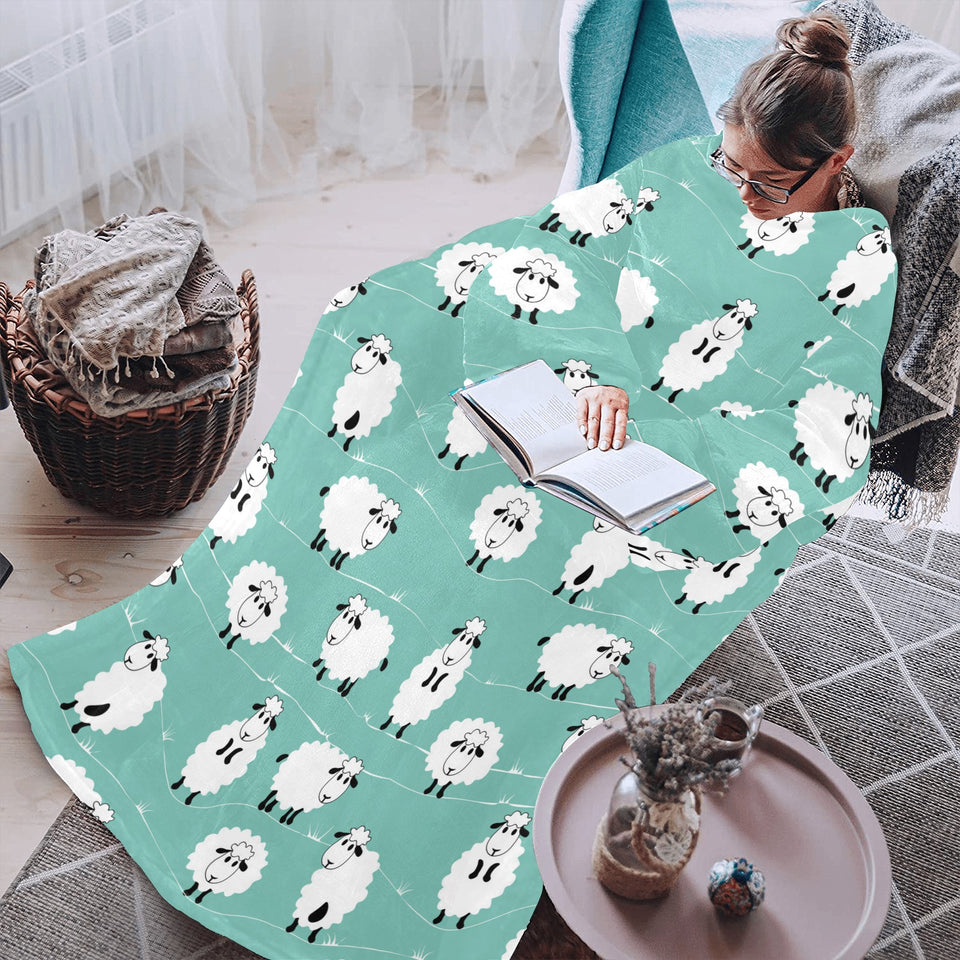 Cute sheep green background Blanket Robe with Sleeves