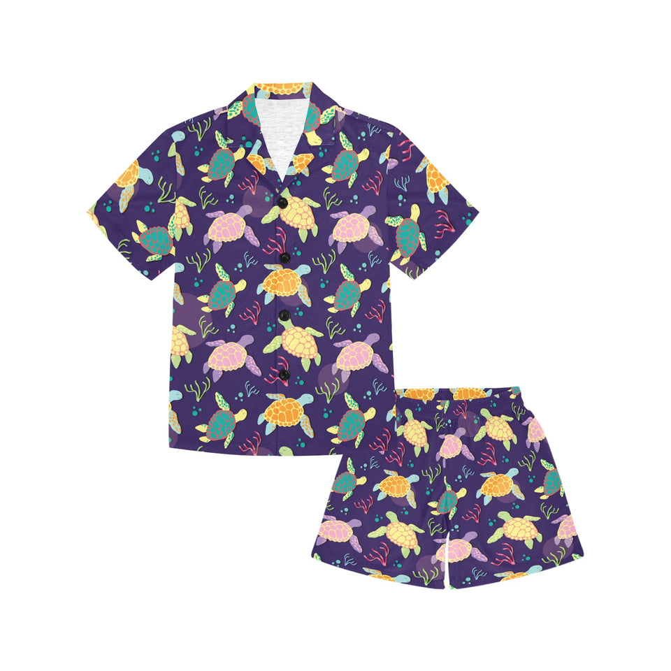 Colorful sea turtle pattern Kids' Boys' Girls' V-Neck Short Pajama Set