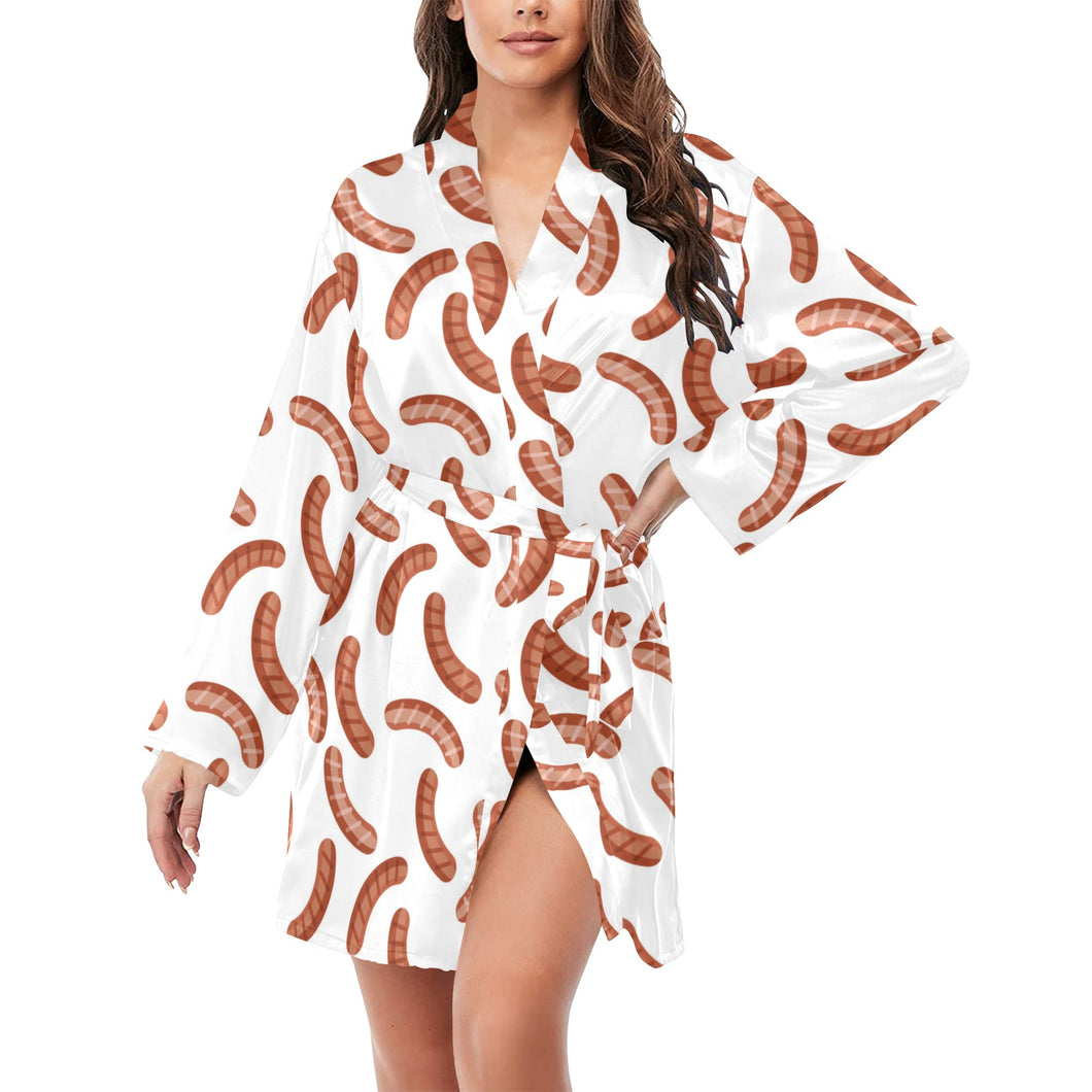 Sausage Pattern Print Design 04 Women's Long Sleeve Belted Night Robe