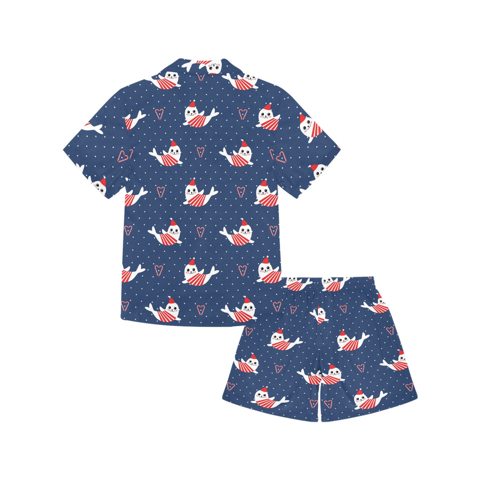 Cute sea lion seal christmas hat candy cane heart Kids' Boys' Girls' V-Neck Short Pajama Set