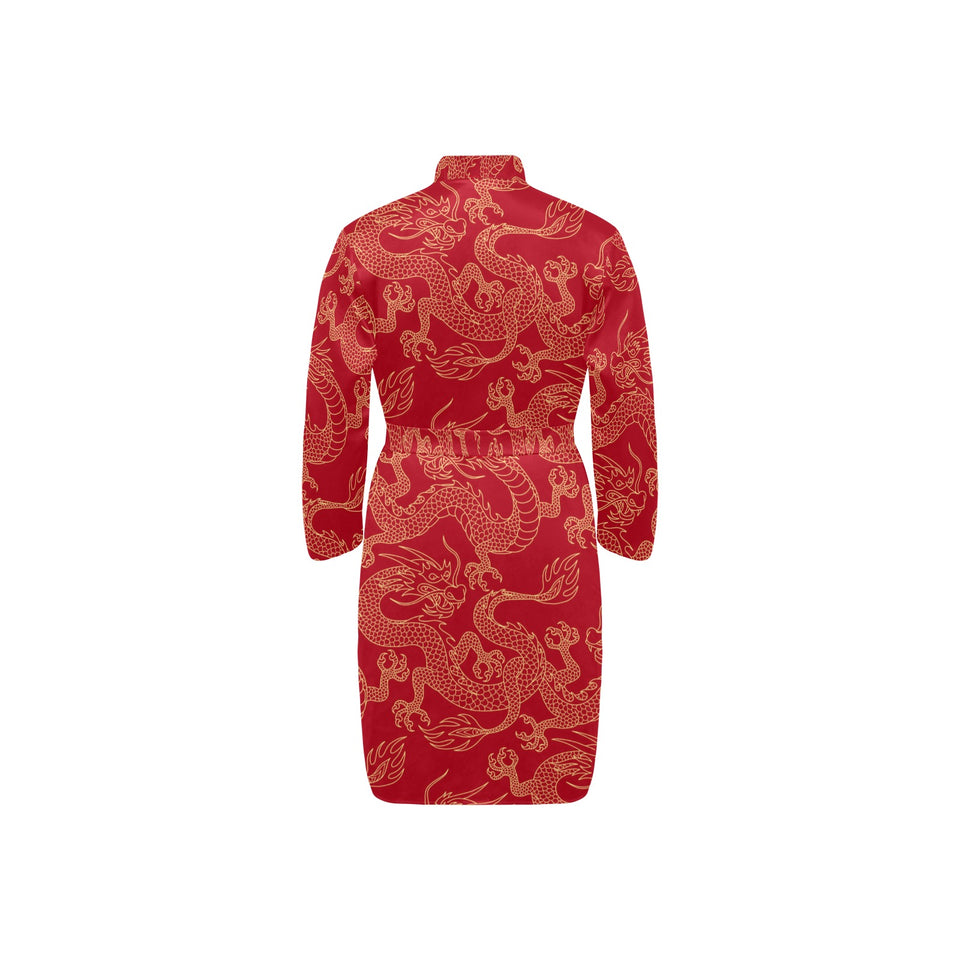 Gold dragons red background Men's Long Sleeve Belted Night Robe