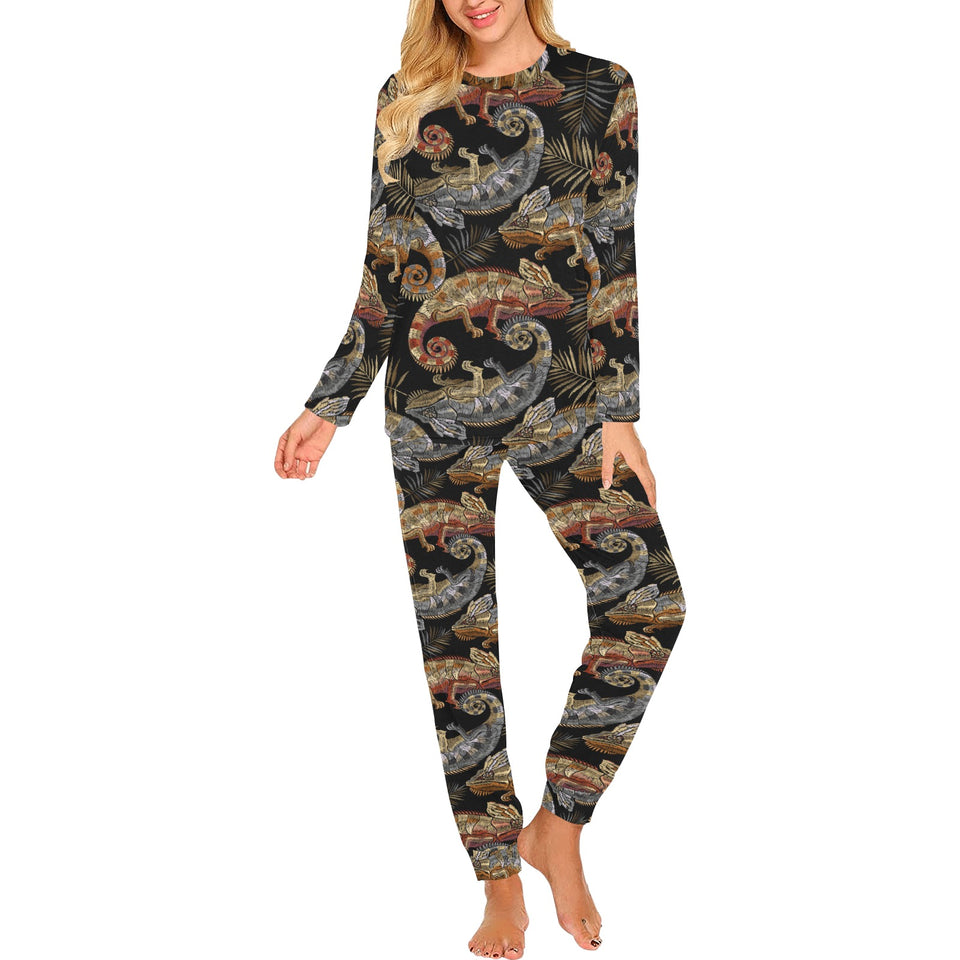 Chameleon lizard tropical leaves palm tree Women's All Over Print Pajama Set