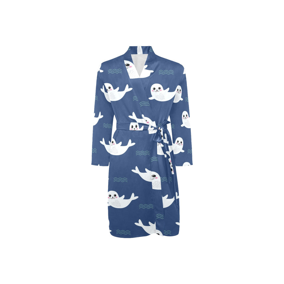 Cute white baby sea lion seal pattern Men's Long Sleeve Belted Night Robe