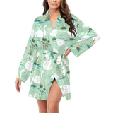 White swan lake pattern Women's Long Sleeve Belted Night Robe