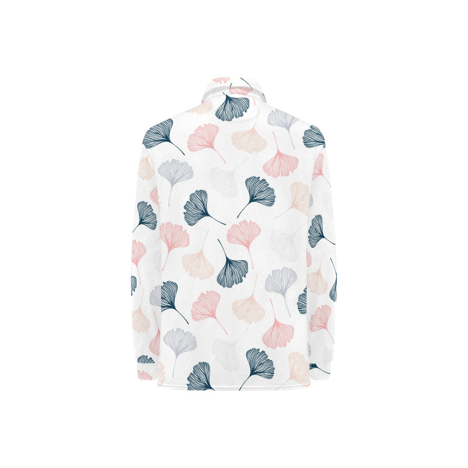 Black Gray Cream coral ginkgo leaves pattern Women's Long Sleeve Polo Shirt