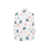 Black Gray Cream coral ginkgo leaves pattern Women's Long Sleeve Polo Shirt