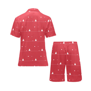 Christmas tree star snow red background Men's V-Neck Short Pajama Set