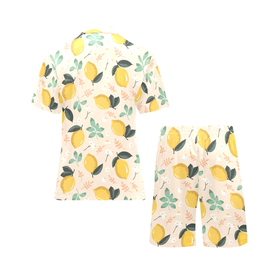 lemon flower leave pattern Men's V-Neck Short Pajama Set