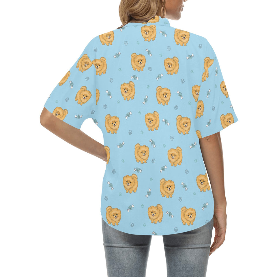 Brown cute pomeranian blue blackground Women's All Over Print Hawaiian Shirt