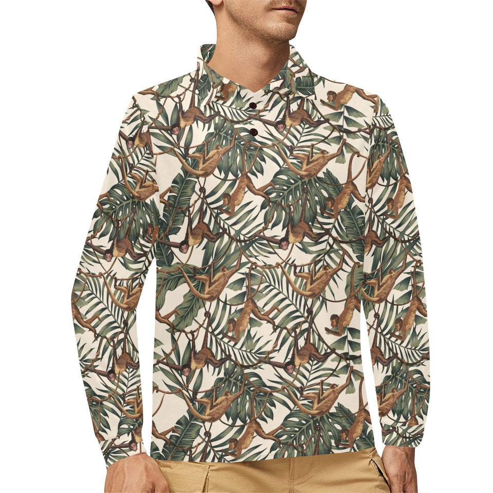 Monkey tropical leaves background Men's Long Sleeve Polo Shirt