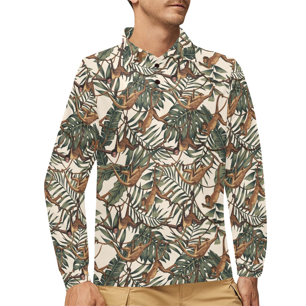 Monkey tropical leaves background Men's Long Sleeve Polo Shirt