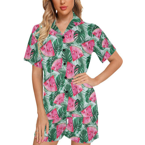 Watermelons tropical palm leaves pattern Women's V-Neck Short Pajama Set