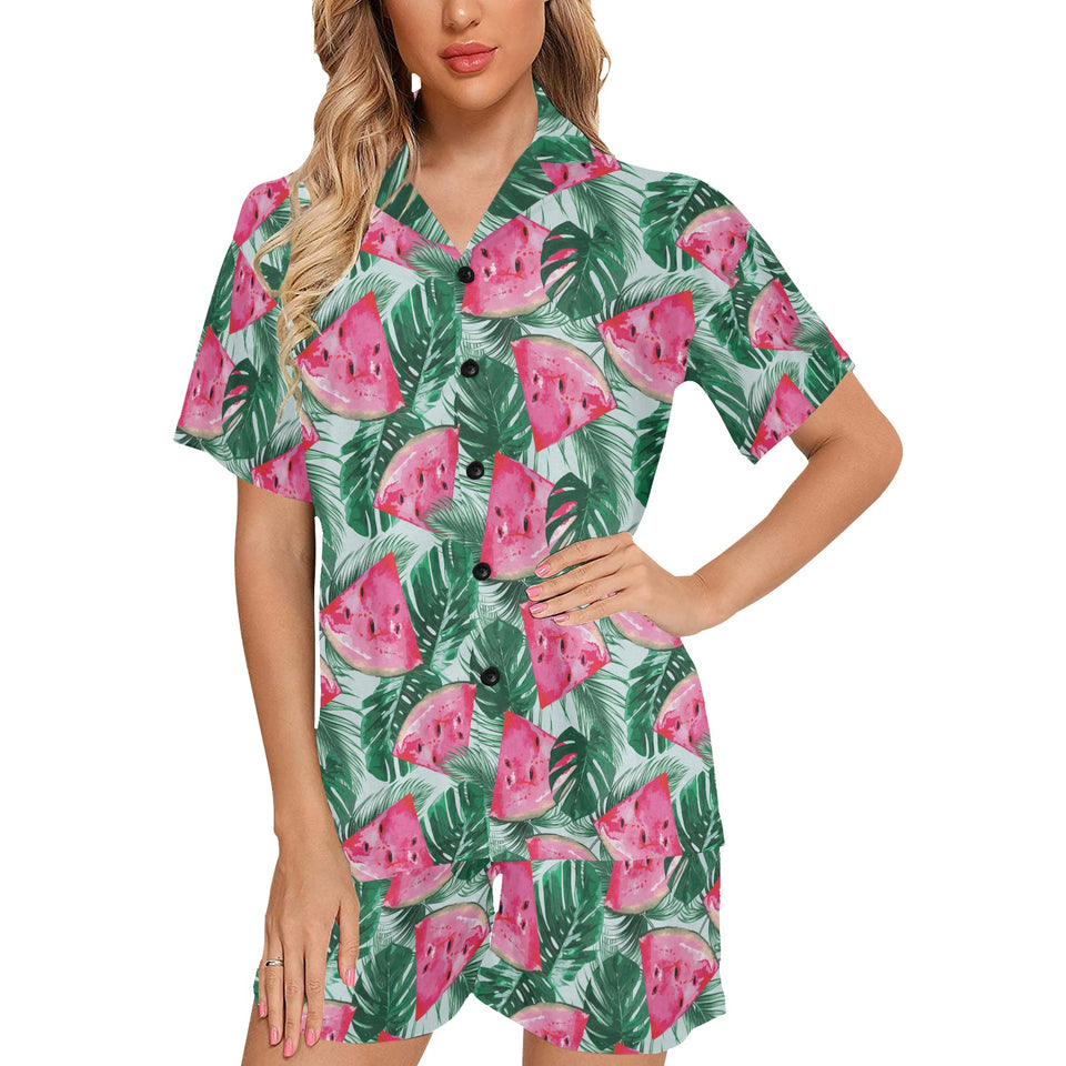 Watermelons tropical palm leaves pattern Women's V-Neck Short Pajama Set