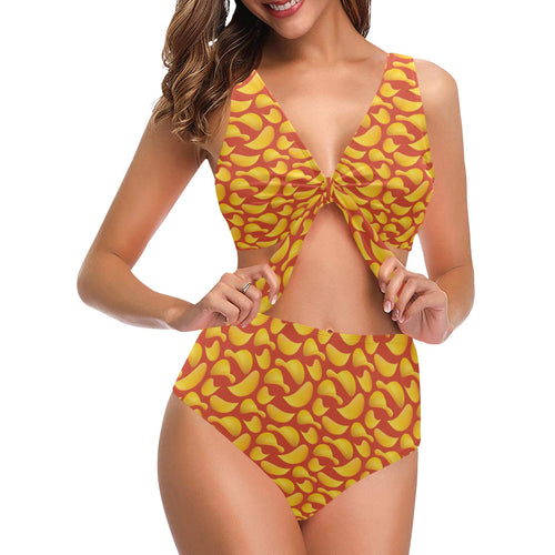 Potato Chips Pattern Print Design 05 Chest Bowknot High Waisted Bikini Swimsuit