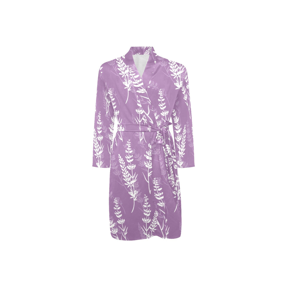 Lavender flowers purple pattern Men's Long Sleeve Belted Night Robe
