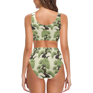 Bonsai pattern Chest Bowknot High Waisted Bikini Swimsuit
