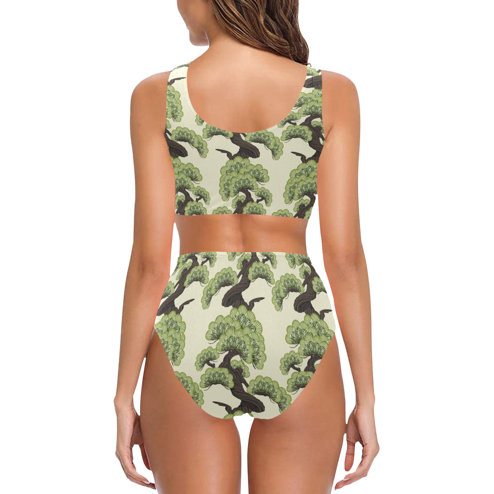 Bonsai pattern Chest Bowknot High Waisted Bikini Swimsuit